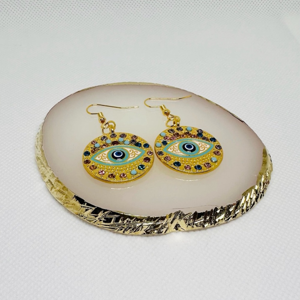 Handmade Devils Eye gold plated earrings with rhinestones - Picture 2 of 2